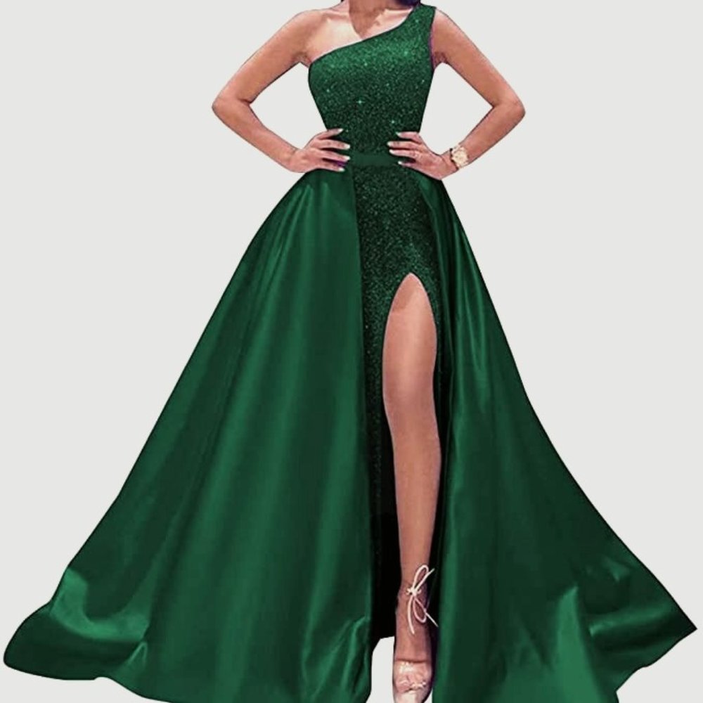 Sparkly One Shoulder Prom Dresses for Women Sequin Satin Evening Dress Ball Gown